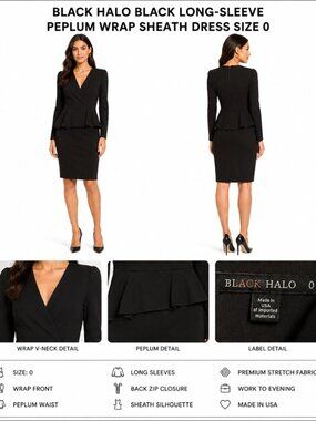 BLACK HALO BLACK PEPLUM WRAP SHEATH DRESS 0